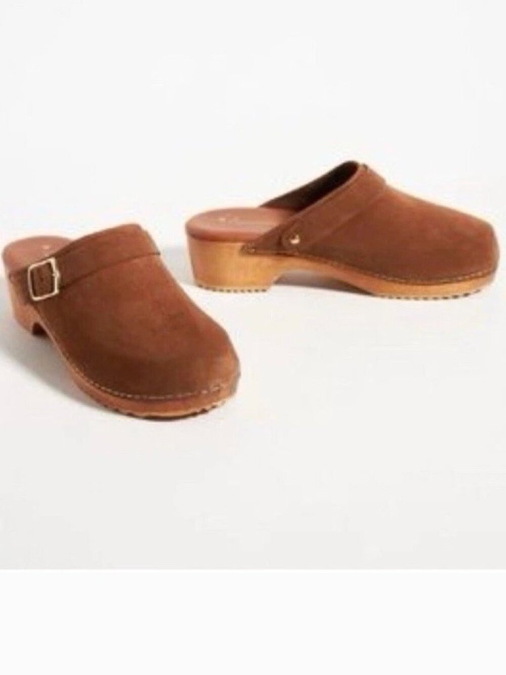 Anthropologie Size 42 Chestnut Suede Leather Block Heel Wood Clogs